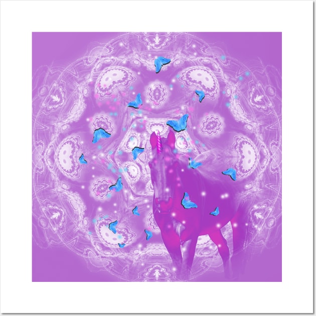 Pink unicorn and blue butterflies Wall Art by hereswendy